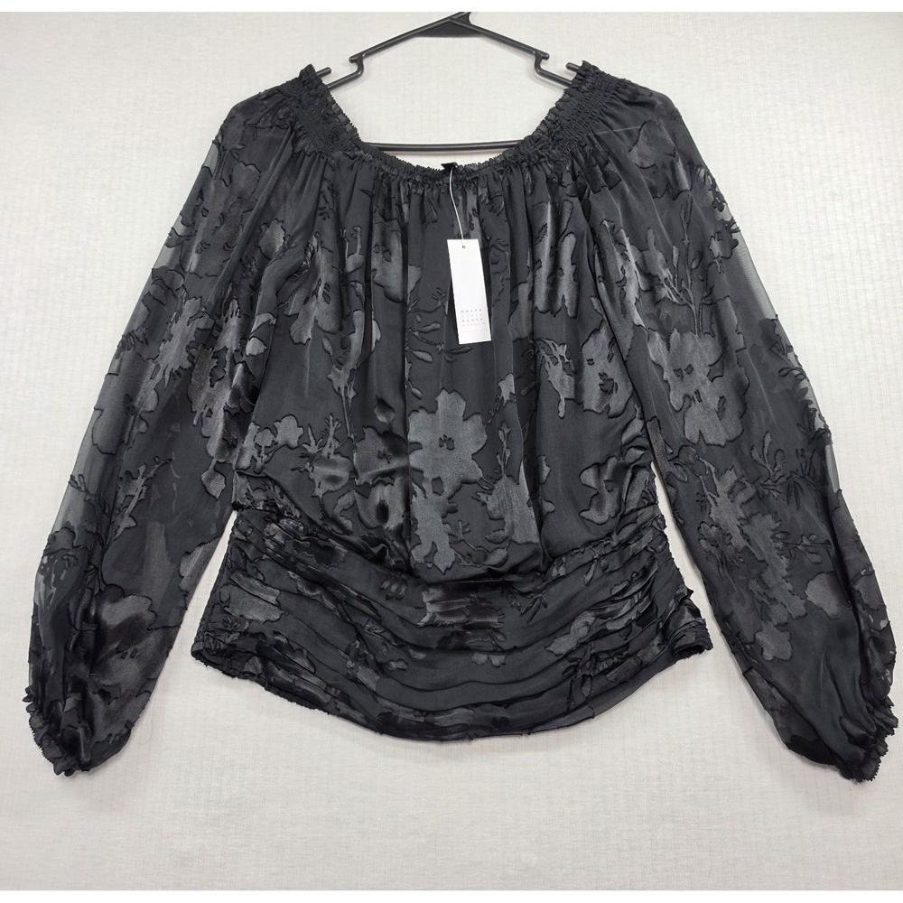 White House Black Market Black Silk Blend Floral Off Shoulder Top XS Whimsigoth